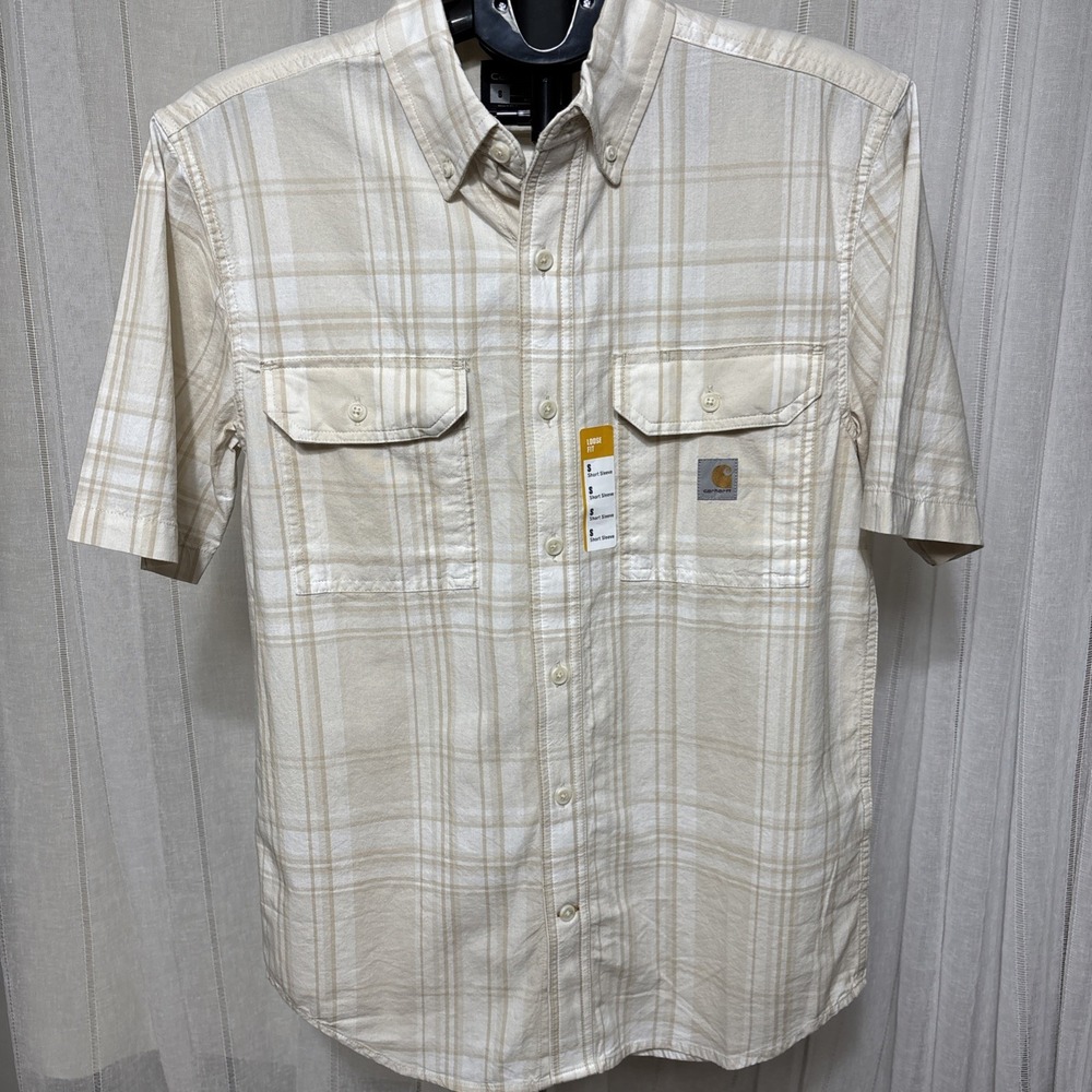 Carhartt  Men Small White Tan Outdoor Button Up Loose Plaid Camping Work NWT SS